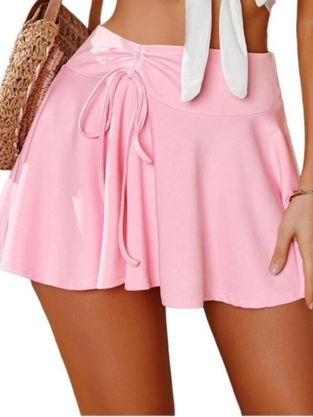 Avidlove Pink High Waist Drawstring Skater Mini Skirt Size Small